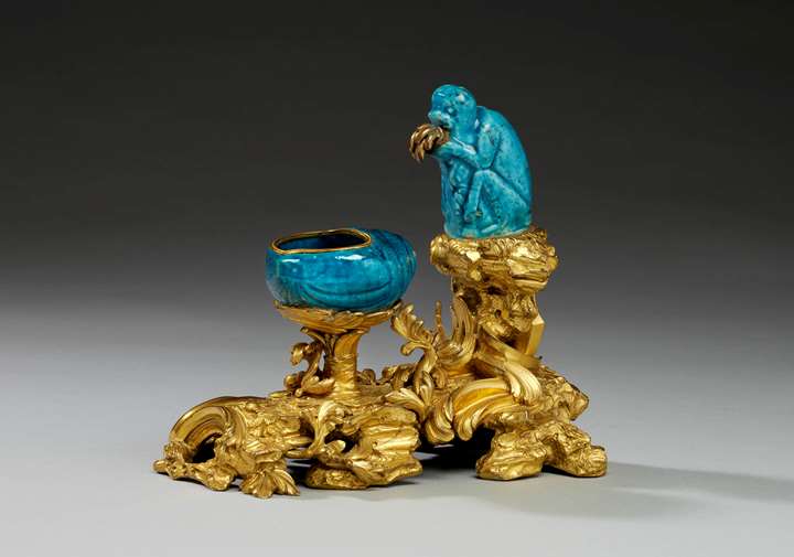 An ormolu mounted Chinese turquoise porcelain encrier